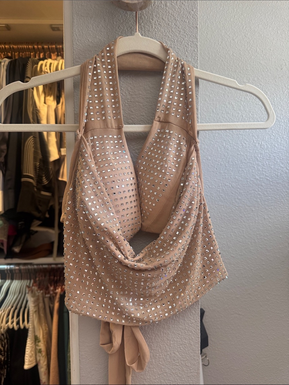 Beige Studded Halter Crop Top